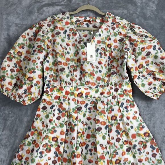 Tory Burch Taffeta dress Women Size 10 Floral Puff Sleeve Midi Pockets - Picture 5 of 16